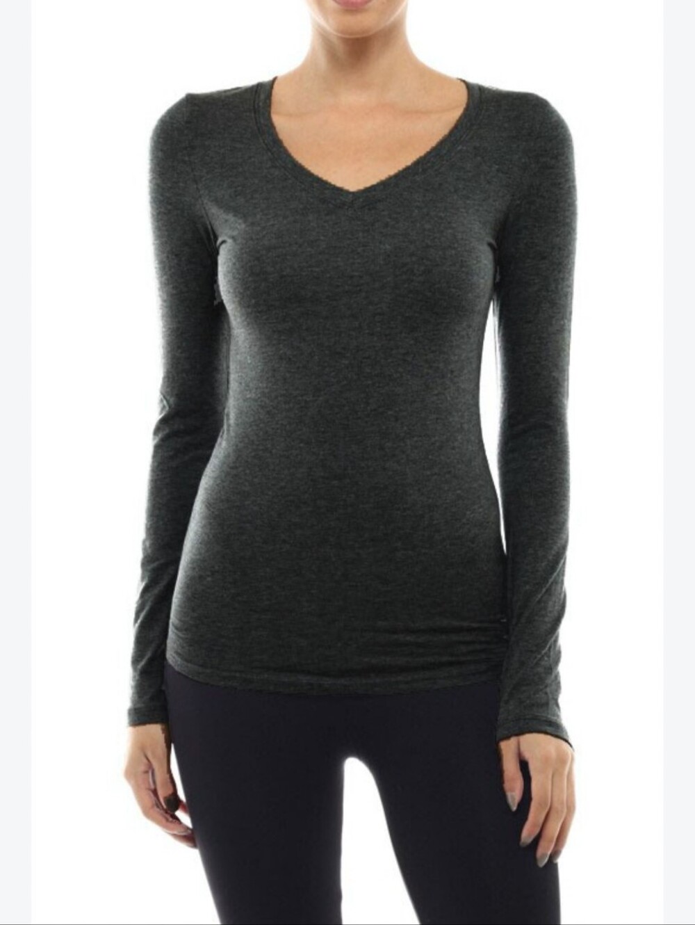 La La Land Creative Originality V-neck Charcoal Gray Ling Sleeve Tee, XS